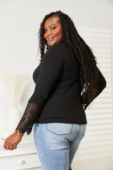 Double Take Crochet Lace Hem Sleeve Button Top OutfitFlow